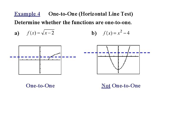 Example 4 One-to-One (Horizontal Line Test) Determine whether the functions are one-to-one. a) b)