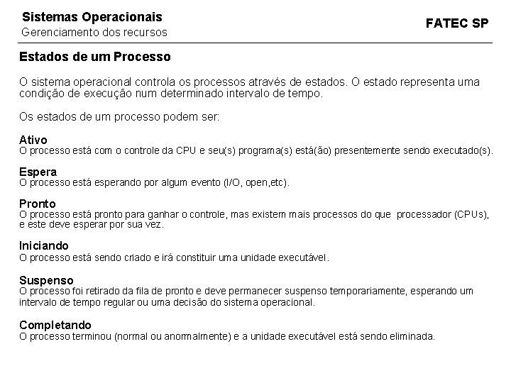 Sistemas Operacionais Gerenciamento dos recursos FATEC SP Estados de um Processo O sistema operacional