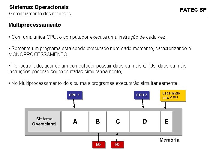 Sistemas Operacionais FATEC SP Gerenciamento dos recursos Multiprocessamento • Com uma única CPU, o