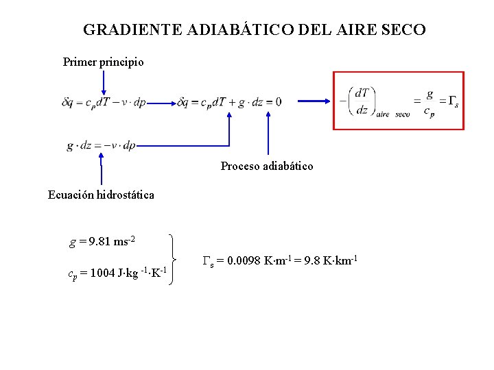 GRADIENTE ADIABÁTICO DEL AIRE SECO Primer principio Proceso adiabático Ecuación hidrostática g = 9.