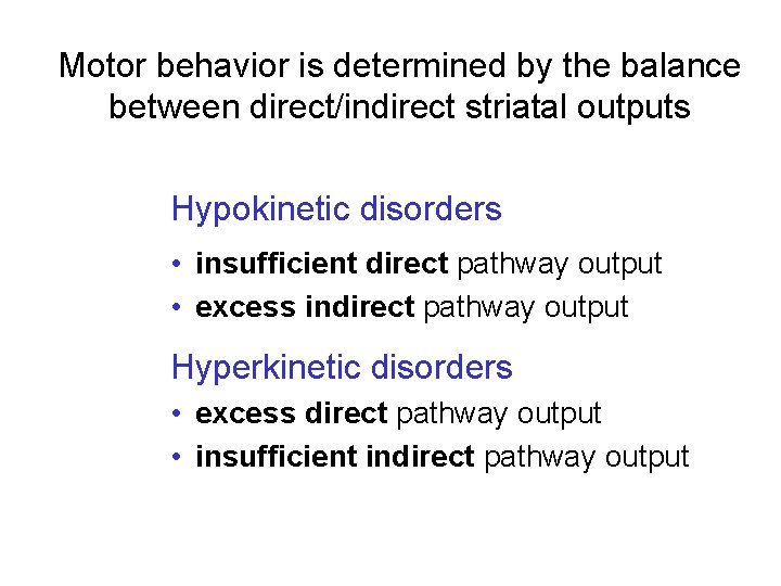 Motor behavior is determined by the balance between direct/indirect striatal outputs Hypokinetic disorders •