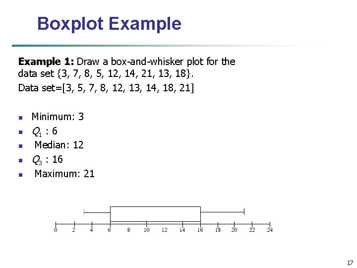 Boxplot Example 1: Draw a box-and-whisker plot for the data set {3, 7, 8,
