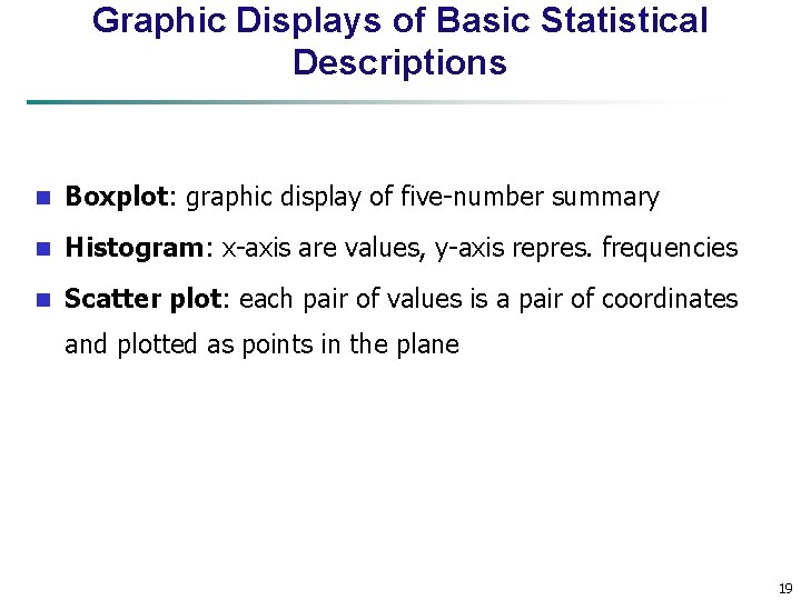 Graphic Displays of Basic Statistical Descriptions n Boxplot: graphic display of five-number summary n