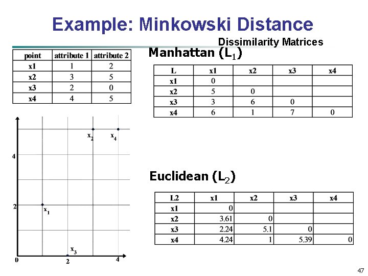 Example: Minkowski Distance Dissimilarity Matrices Manhattan (L 1) Euclidean (L 2) 47 