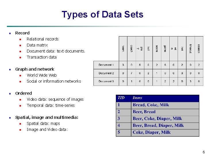 Types of Data Sets n n Record n Relational records n Data matrix n