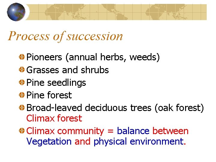 Process of succession Pioneers (annual herbs, weeds) Grasses and shrubs Pine seedlings Pine forest Process of succession Pioneers (annual herbs, weeds) Grasses and shrubs Pine seedlings Pine forest
