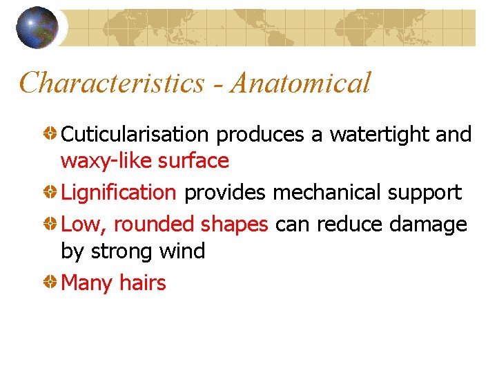 Characteristics - Anatomical Cuticularisation produces a watertight and waxy-like surface Lignification provides mechanical support Characteristics - Anatomical Cuticularisation produces a watertight and waxy-like surface Lignification provides mechanical support