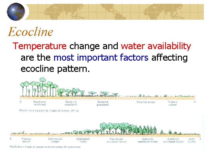 Ecocline Temperature change and water availability are the most important factors affecting ecocline pattern. Ecocline Temperature change and water availability are the most important factors affecting ecocline pattern.