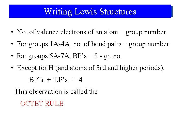 Writing. Lewis. Structures Writing • No. of valence electrons of an atom = group