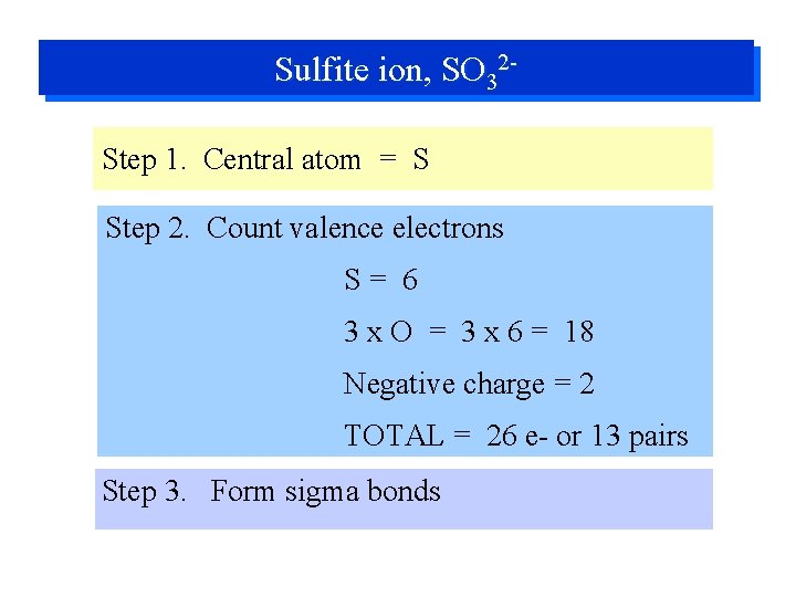 Sulfite ion, SO 32 Step 1. Central atom = S Step 2. Count valence