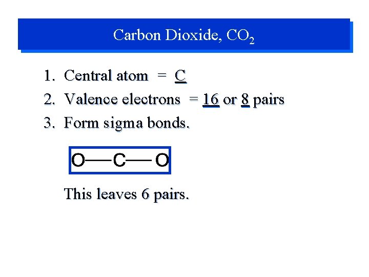 Carbon Dioxide, CO 2 1. 2. 3. Central atom = C Valence electrons =