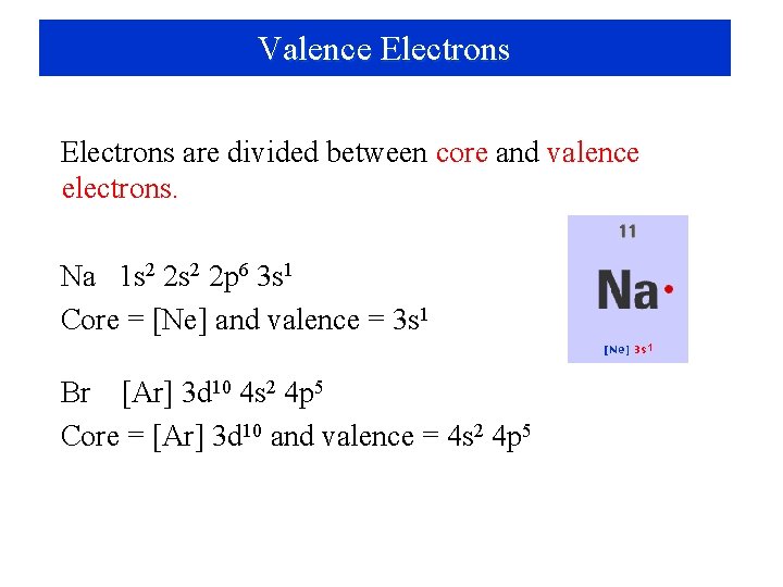 Valence Electrons are divided between core and valence electrons. Na 1 s 2 2