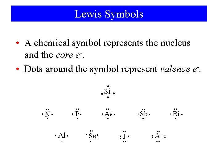 Lewis Symbols • A chemical symbol represents the nucleus and the core e-. •