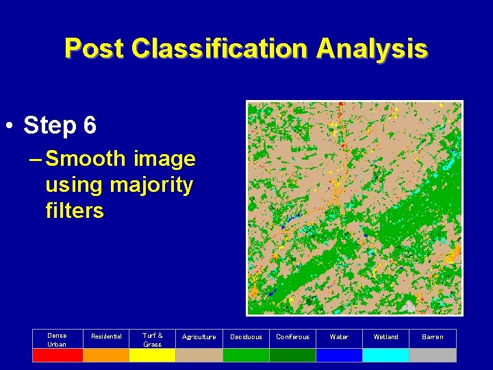 Post Classification Analysis • Step 6 – Smooth image using majority filters Dense Urban