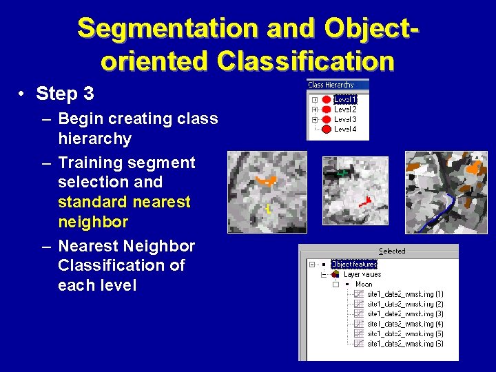 Segmentation and Objectoriented Classification • Step 3 – Begin creating class hierarchy – Training