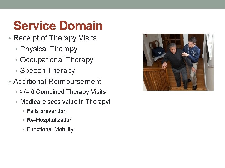 Service Domain • Receipt of Therapy Visits • Physical Therapy • Occupational Therapy •