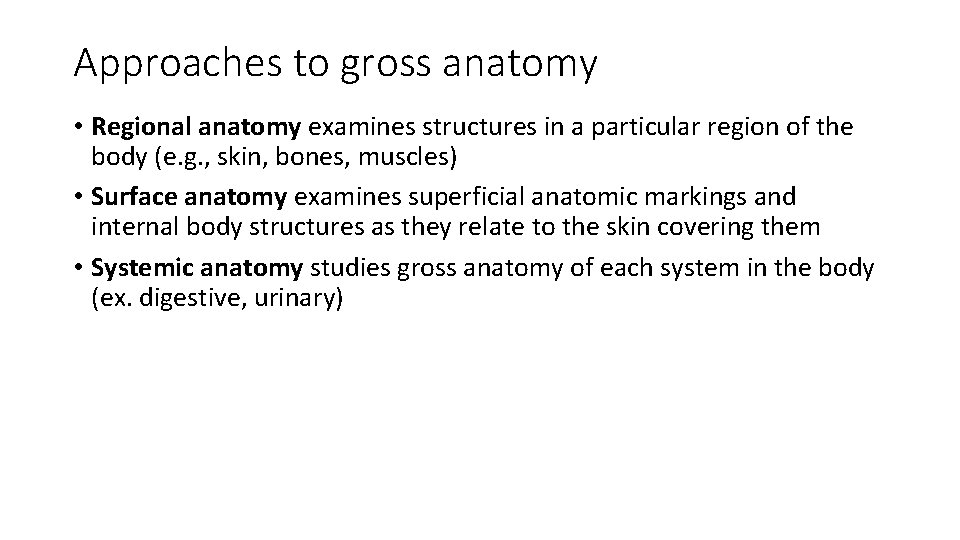 Approaches to gross anatomy • Regional anatomy examines structures in a particular region of