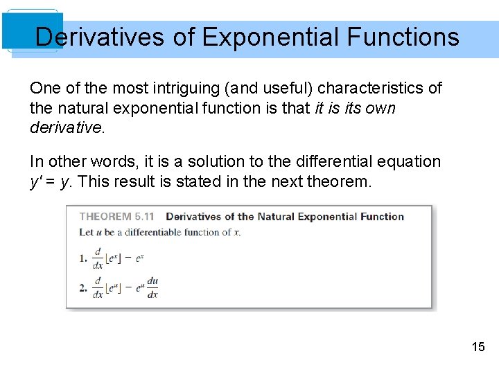 Derivatives of Exponential Functions One of the most intriguing (and useful) characteristics of the