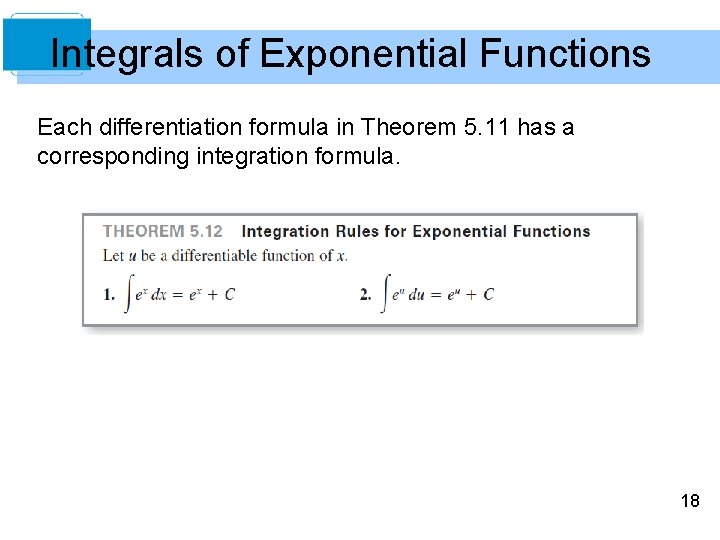 Integrals of Exponential Functions Each differentiation formula in Theorem 5. 11 has a corresponding