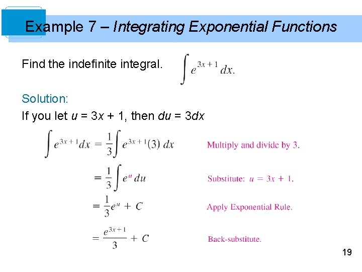 Example 7 – Integrating Exponential Functions Find the indefinite integral. Solution: If you let Example 7 – Integrating Exponential Functions Find the indefinite integral. Solution: If you let