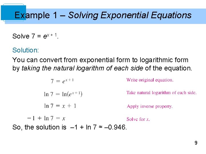 Example 1 – Solving Exponential Equations Solve 7 = ex + 1. Solution: You