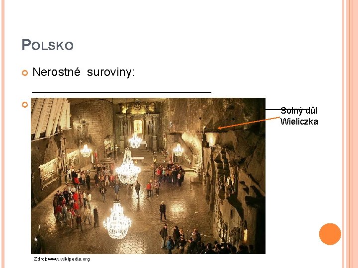 POLSKO Nerostné suroviny: ______________ Polovina území Polska zaujímají ________ Solný důl Wieliczka Zdroj: www.