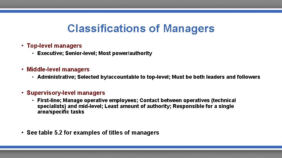 Classifications of Managers • Top-level managers • Executive; Senior-level; Most power/authority • Middle-level managers