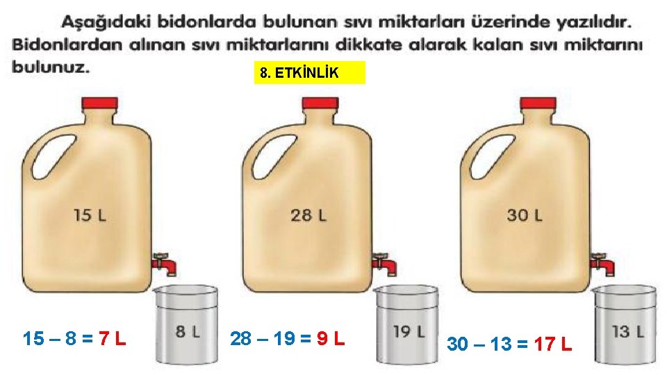 8. ETKİNLİK 15 – 8 = 7 L 28 – 19 = 9 L