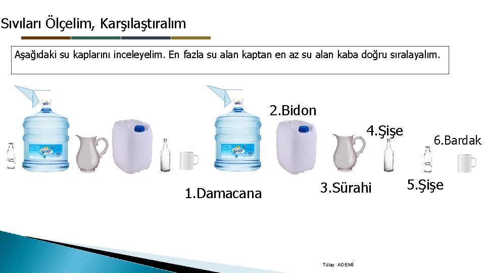 Sıvıları Ölçelim, Karşılaştıralım Aşağıdaki su kaplarını inceleyelim. En fazla su alan kaptan en az