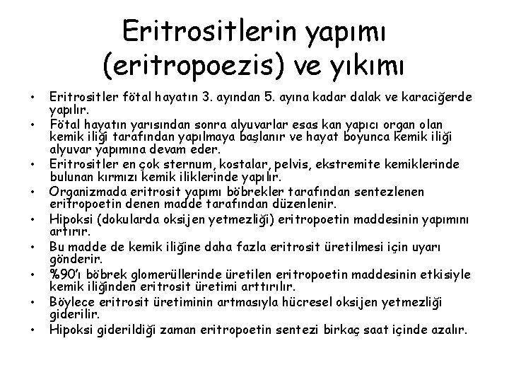 Eritrositlerin yapımı (eritropoezis) ve yıkımı • • • Eritrositler fötal hayatın 3. ayından 5.