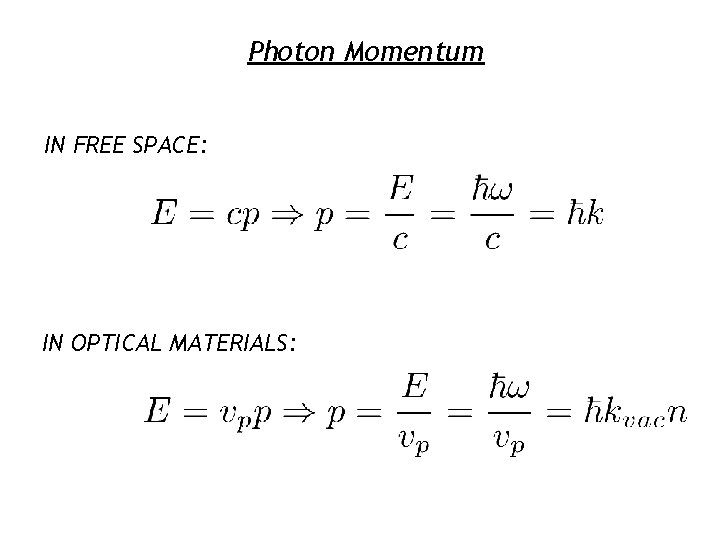 Photon Momentum IN FREE SPACE: IN OPTICAL MATERIALS: 