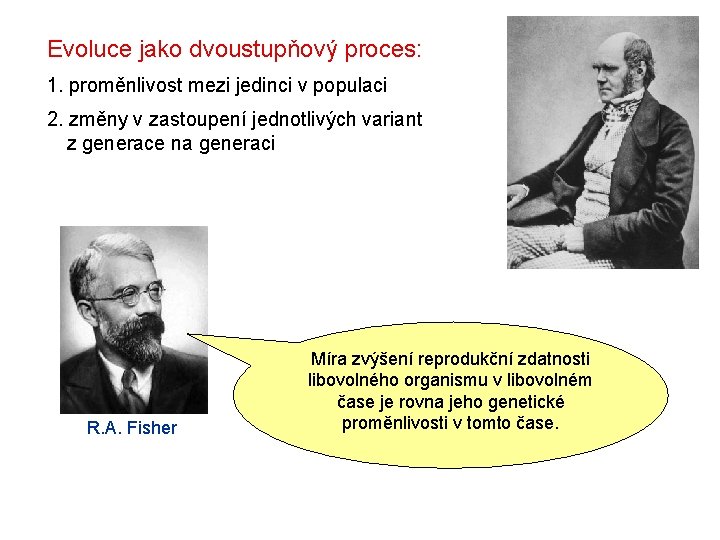 Evoluce jako dvoustupňový proces: 1. proměnlivost mezi jedinci v populaci 2. změny v zastoupení Evoluce jako dvoustupňový proces: 1. proměnlivost mezi jedinci v populaci 2. změny v zastoupení