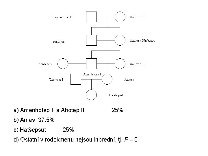 a) Amenhotep I. a Ahotep II. 25% b) Ames 37. 5% c) Hatšepsut 25% a) Amenhotep I. a Ahotep II. 25% b) Ames 37. 5% c) Hatšepsut 25%