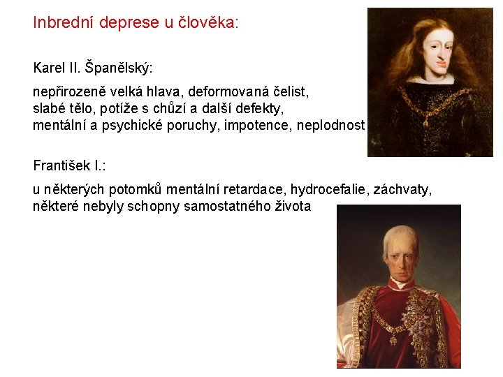 Inbrední deprese u člověka: Karel II. Španělský: nepřirozeně velká hlava, deformovaná čelist, slabé tělo, Inbrední deprese u člověka: Karel II. Španělský: nepřirozeně velká hlava, deformovaná čelist, slabé tělo,