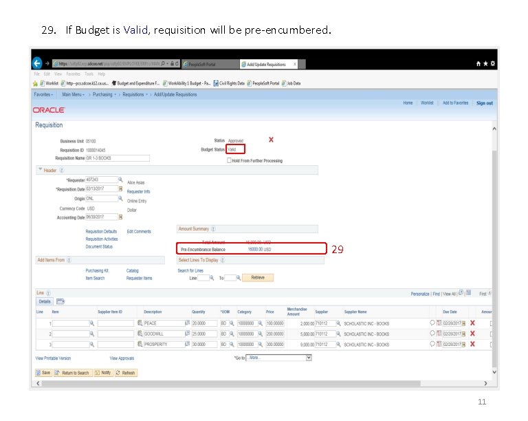 29. If Budget is Valid, requisition will be pre-encumbered. 29 11 