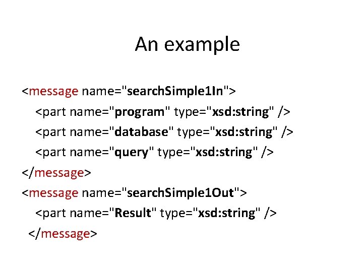 An example <message name="search. Simple 1 In"> <part name="program" type="xsd: string" /> <part name="database"