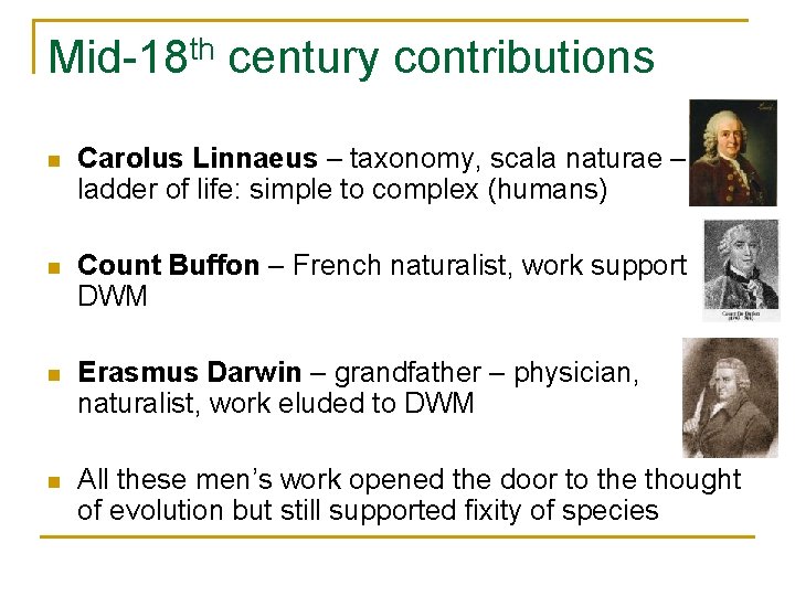 Mid-18 th century contributions n Carolus Linnaeus – taxonomy, scala naturae – ladder of