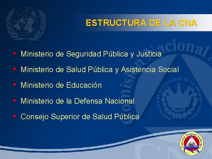 ESTRUCTURA DE LA CNA • Ministerio de Seguridad Pública y Justicia • Ministerio de