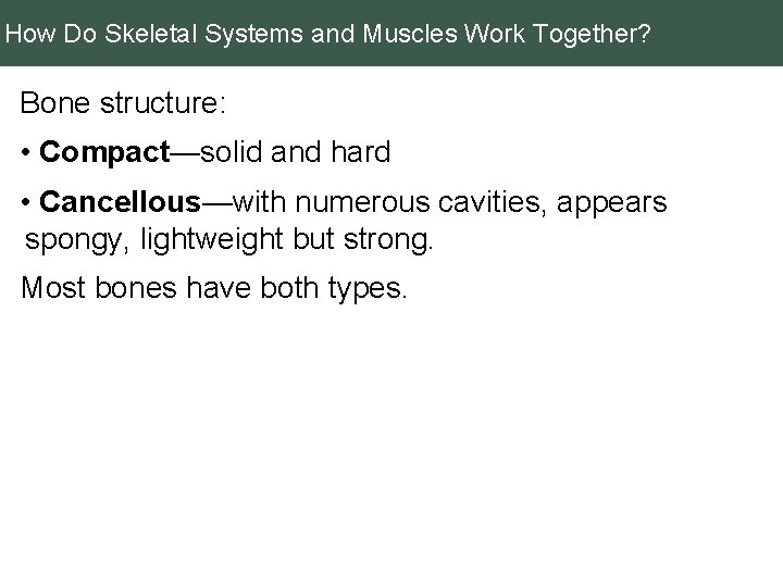 How Do Skeletal Systems and Muscles Work Together? Bone structure: • Compact—solid and hard
