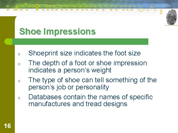 Shoe Impressions o o 16 Shoeprint size indicates the foot size The depth of