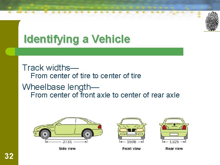 Identifying a Vehicle Track widths— From center of tire to center of tire Wheelbase