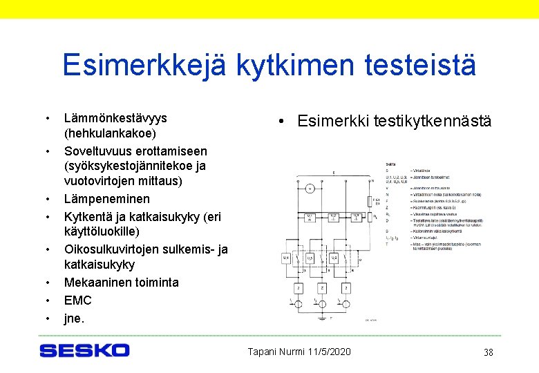 Esimerkkejä kytkimen testeistä • • Lämmönkestävyys (hehkulankakoe) Soveltuvuus erottamiseen (syöksykestojännitekoe ja vuotovirtojen mittaus) Lämpeneminen