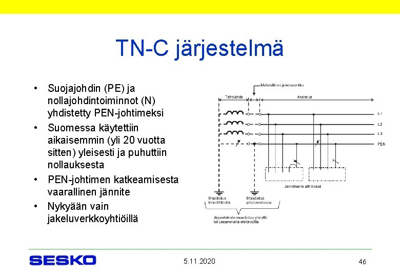 TN-C järjestelmä • Suojajohdin (PE) ja nollajohdintoiminnot (N) yhdistetty PEN-johtimeksi • Suomessa käytettiin aikaisemmin