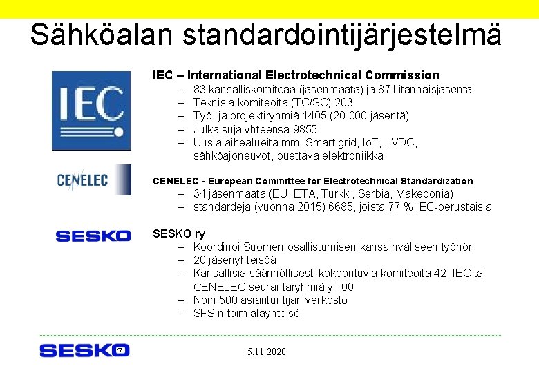 Sähköalan standardointijärjestelmä IEC – International Electrotechnical Commission – – – 83 kansalliskomiteaa (jäsenmaata) ja