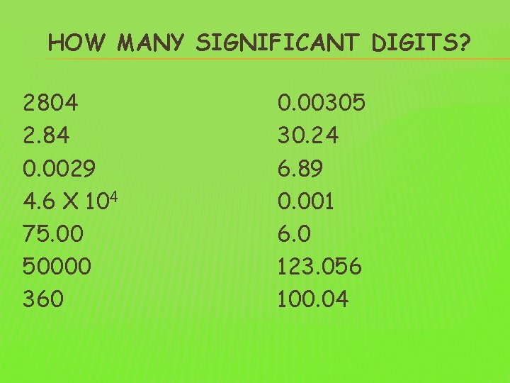 HOW MANY SIGNIFICANT DIGITS? 2804 2. 84 0. 0029 4. 6 X 104 75.