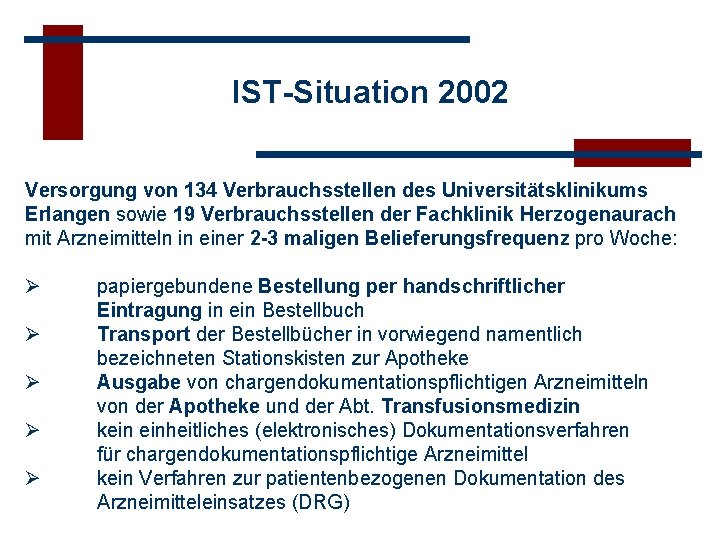 IST-Situation 2002 Versorgung von 134 Verbrauchsstellen des Universitätsklinikums Erlangen sowie 19 Verbrauchsstellen der Fachklinik