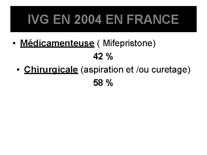 IVG EN 2004 EN FRANCE • Médicamenteuse ( Mifepristone) 42 % • Chirurgicale (aspiration
