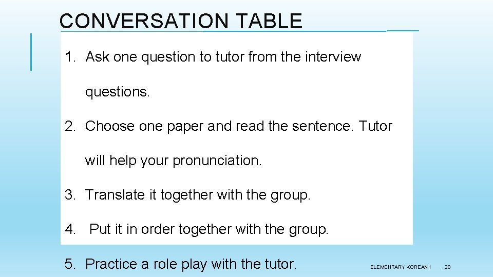 CONVERSATION TABLE 1. Ask one question to tutor from the interview questions. 2. Choose CONVERSATION TABLE 1. Ask one question to tutor from the interview questions. 2. Choose