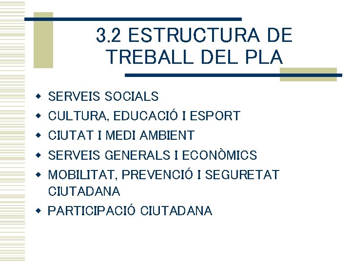 3. 2 ESTRUCTURA DE TREBALL DEL PLA w w w SERVEIS SOCIALS CULTURA, EDUCACIÓ
