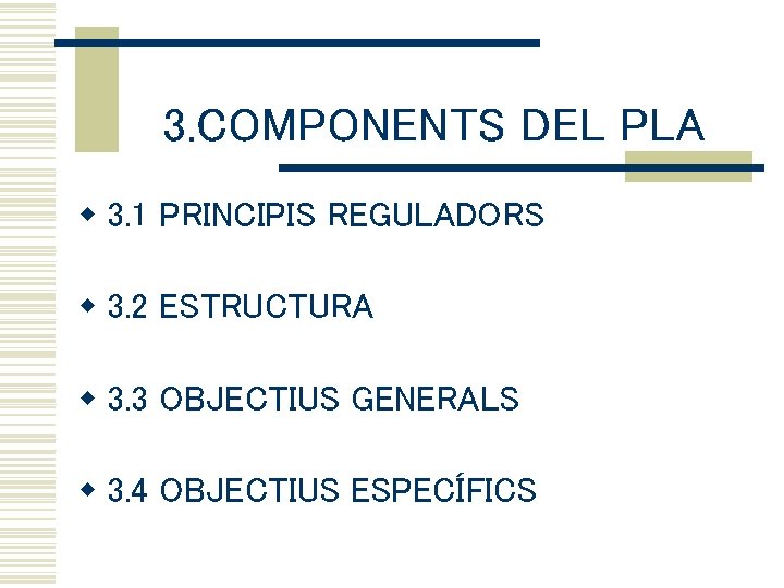 3. COMPONENTS DEL PLA w 3. 1 PRINCIPIS REGULADORS w 3. 2 ESTRUCTURA w